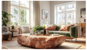 Sustainable interior design with natural timber, linen furnishings and a warm neutral palette.