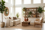 Sustainable living room with reclaimed wood furniture, natural textures and neutral colours.