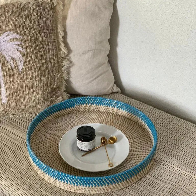 Wicker Round Tray Whitewash & Blue - IrregularLines