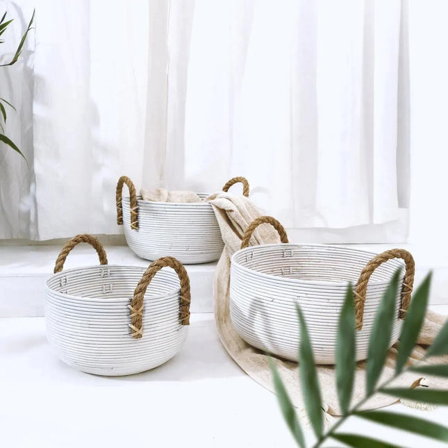 Keke Round Basket With Handle White S/3 - IrregularLines