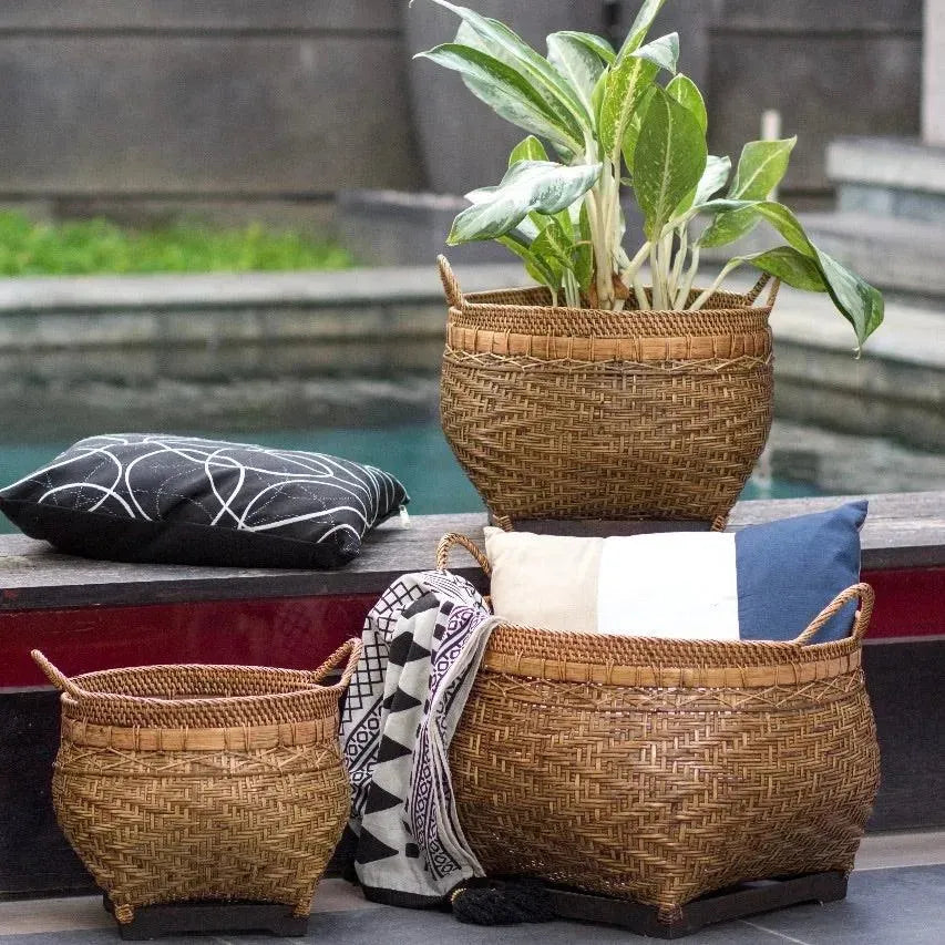 Handwoven wicker storage basket in warm brown, an example of sustainable natural fibre storage