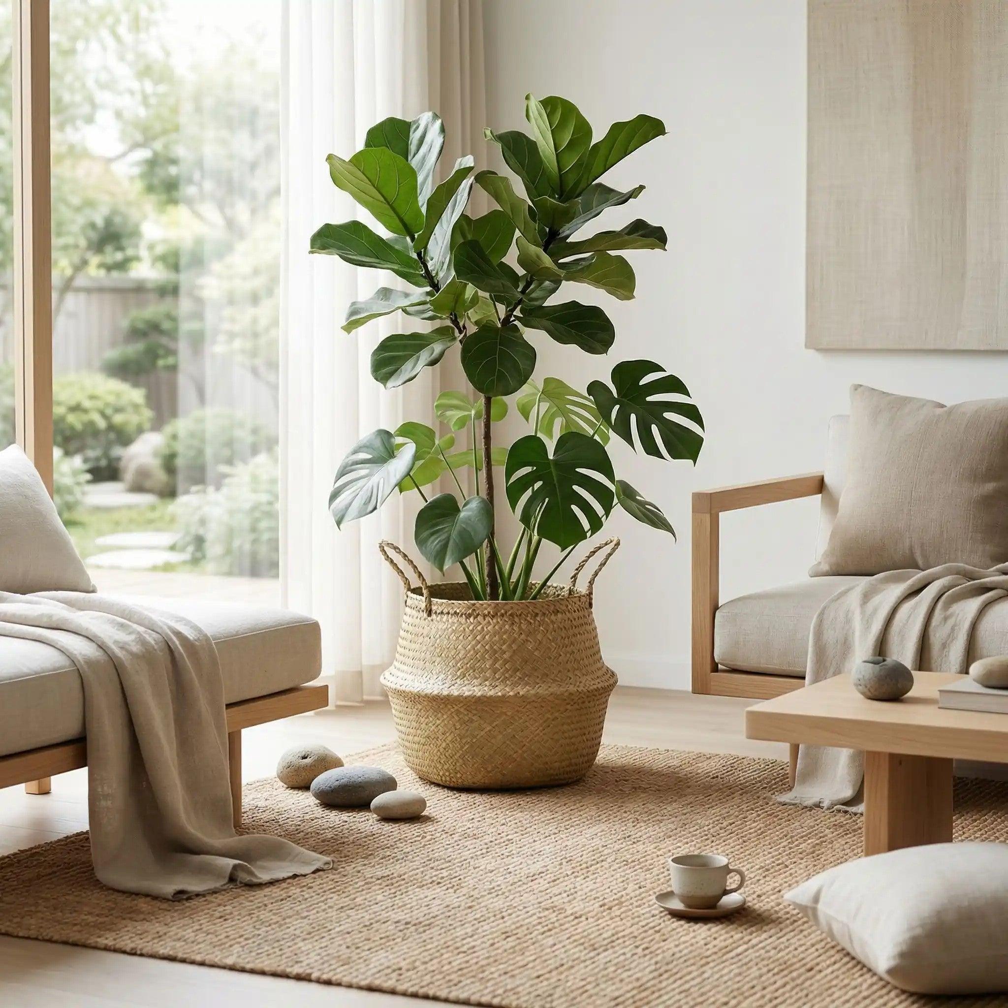 Green indoor plant displayed in a natural rattan planter.