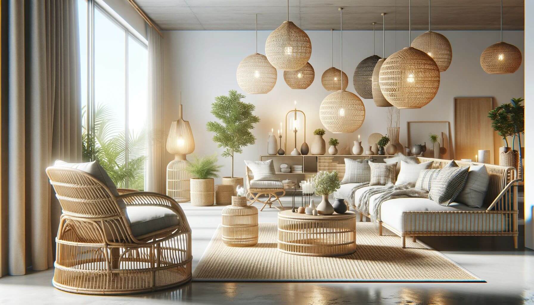 Boho-earthy living room with a rattan lounge chair, woven pendant lights, linen sofa and warm neutral tones
