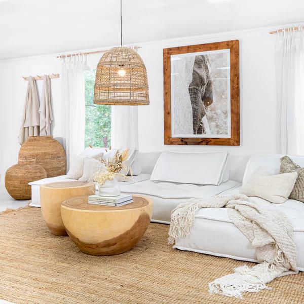 Contemporary interior combining woven fibres, timber and natural fabrics