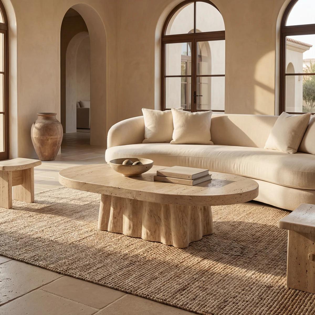 Natural stone coffee table in a warm Mediterranean living room with linen upholstery and neutral finishes.
