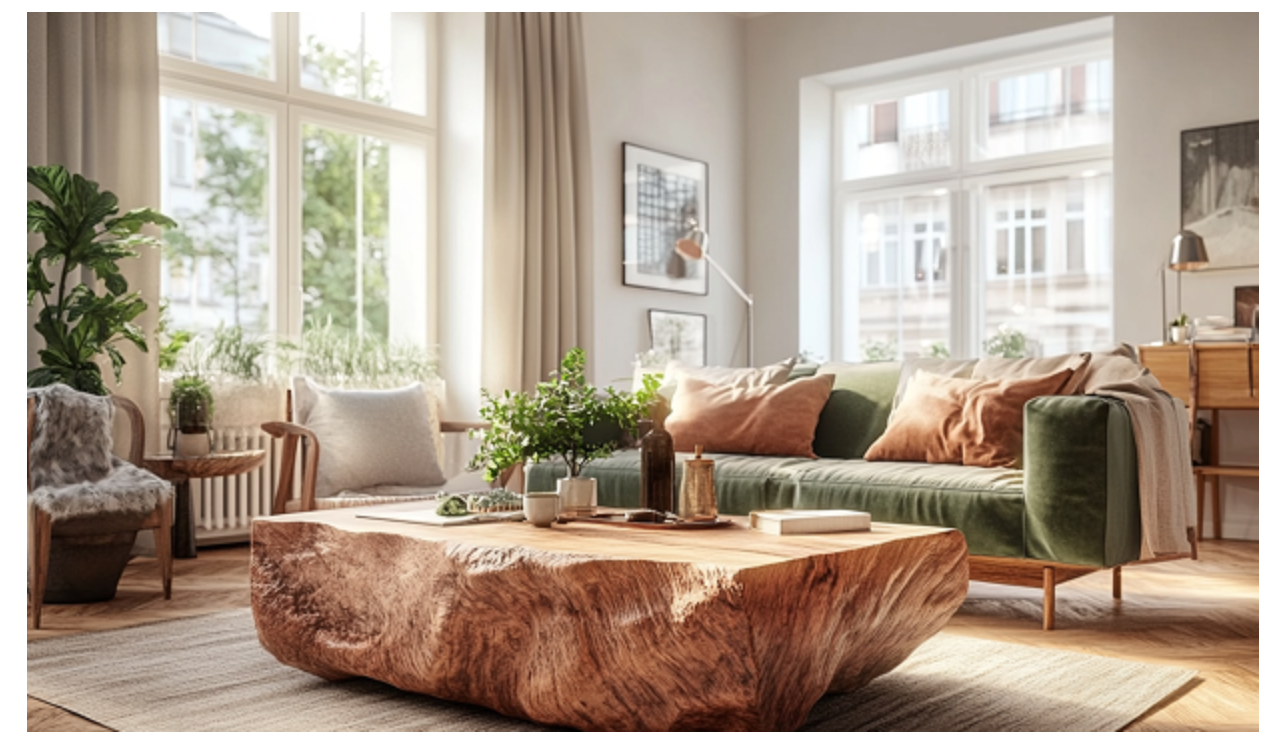 Sustainable interior design with natural timber, linen furnishings and a warm neutral palette.