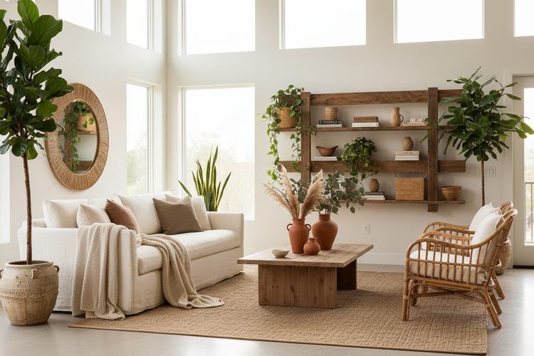 Sustainable living room with reclaimed wood furniture, natural textures and neutral colours.