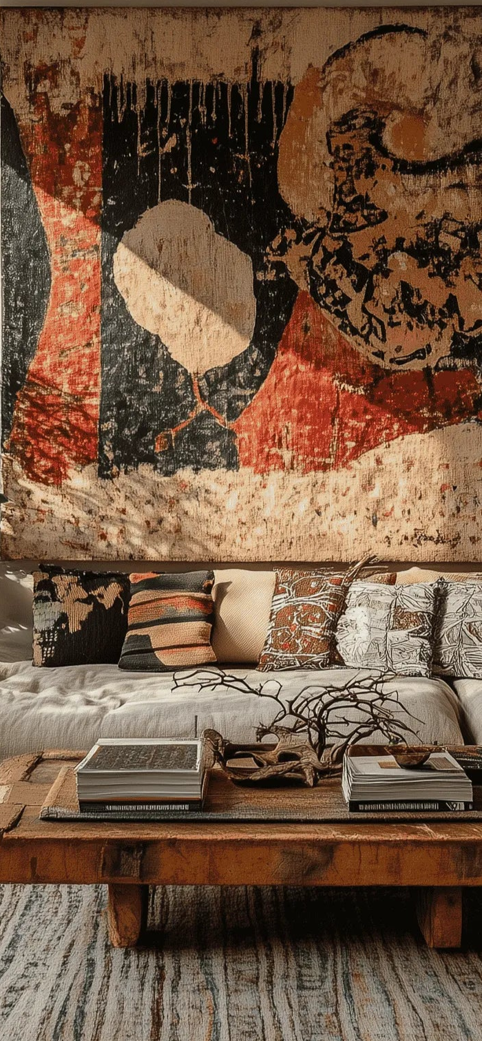 Cozy bohemian bedroom featuring layered textiles, rattan furniture, and organic materials by Theodora Martinou at Irregular Lines