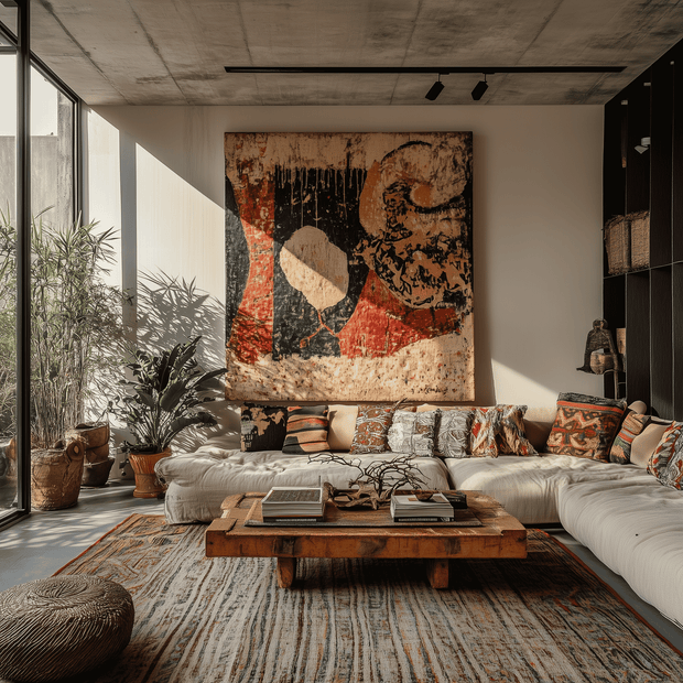 Cozy bohemian bedroom featuring layered textiles, rattan furniture, and organic materials by Theodora Martinou at Irregular Lines