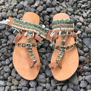 Leather Handmade Sandals/ Topaz Green - IrregularLines