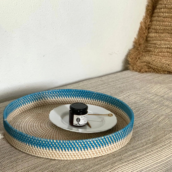 Wicker Round Tray Whitewash & Blue - IrregularLines